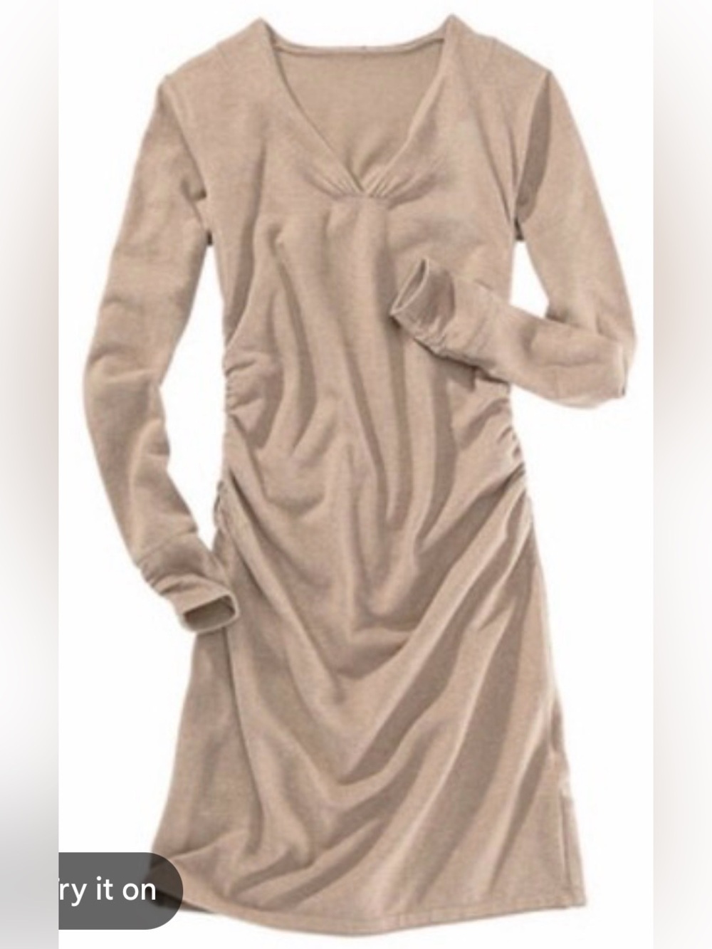 Med Title Nine Camel Long Sleeve V-Neck Women’s Dress w/ Ruching & Hem Zipper